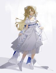 1girl :d absurdres blonde_hair dress full_body green_eyes hairband highres long_dress long_hair looking_at_viewer no_shoes open_mouth puffy_short_sleeves puffy_sleeves reverse:1999 shadow short_sleeves skirt_hold smile socks solo sotheby standing two_side_up white_arm_warmers white_background white_dress white_hairband white_socks xiaoniaoyou_qing