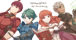 1girl 3boys alm_(fire_emblem) armor black_gloves blue_armor boey_(fire_emblem) book breastplate brown_eyes cape celica_(fire_emblem) choker circlet dark_skin dress earrings fingerless_gloves fire_emblem fire_emblem_echoes:_shadows_of_valentia gloves green_eyes green_hair highres holding holding_book holding_polearm holding_sword holding_weapon jewelry long_hair lukas_(fire_emblem) magic multiple_boys nintendo polearm prince princess red_armor red_eyes red_hair short_hair spear sword tarayuki tiara weapon white_armor white_dress white_hair