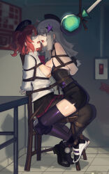 aa-12_(girls&#039;_frontline) absurdres ahoge arms_behind_back bdsm black_boots black_corset black_pantyhose black_thighhighs blindfold bondage boots bound bound_together breasts breasts_out cad_(caddo) candy chair collared_shirt corset food girls&#039;_frontline grey_hair hat highres indoors knee_pads lollipop long_hair medium_breasts medium_hair mp7_(girls&#039;_frontline) nipples on_chair open_mouth pantyhose pencil_skirt pleated_skirt red_hair shibari shibari_over_clothes shirt shoes side_slit sitting sitting_on_person skindentation skirt sneakers tam_o&#039;_shanter teeth thighhighs upper_teeth_only white_shirt zettai_ryouiki