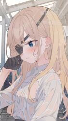 Rule 34 | 1girl, black gloves, blonde hair, blue eyes, eyepatch, fortissimo gr, gloves, goddess of victory: nikke, guillotine (nikke), hair over one eye, highres, long hair, looking at viewer, one eye covered, shirt, solo, white shirt