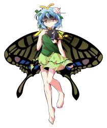 1girl alphes_(style) antennae aqua_hair bandaid barefoot butterfly_wings commentary_request dairi defeat dirt dress eternity_larva fairy flat_chest full_body green_skirt hand_on_own_chest highres insect_wings large_variant_set leaf leaf_on_head multicolored_dress parody shaded_face simple_background skirt solo style_parody tachi-e tears torn_clothes touhou transparent_background variant_set wings