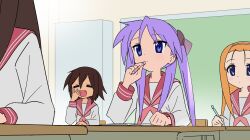 3girls blue_eyes brown_hair chalkboard classroom desk hairband highres hiiragi_kagami kusakabe_misao long_hair lucky_star minegishi_ayano multiple_girls orange_hair pen purple_hair ryouou_school_uniform rytoua318 school_desk school_uniform thinking twintails white_hairband yawning