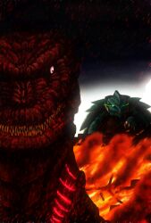 Rule 34 | claws, crossover, daiei film, destruction, embers, fire, gamera, gamera (series), gamera 3: revenge of iris, giant, giant monster, glowing body, godzilla, godzilla (series), green eyes, kaiju, monster, motion blur, night, no humans, no pupils, pink eyes, r-miminagi, sharp teeth, shin godzilla, spiked shell, teeth, toho, turtle, turtle shell, tusks