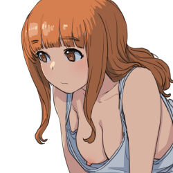 Rule 34 | 1girl, blunt bangs, breasts, brown eyes, cleavage, closed mouth, collarbone, downblouse, girls und panzer, highres, large breasts, long hair, nipple slip, nipples, onsen tamago (hs egg), orange hair, simple background, solo, takebe saori, tank top, upper body, wardrobe malfunction, white background, white tank top