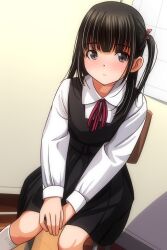 1girl black_dress black_hair blush brown_eyes chair classroom dress hair_ribbon kneehighs long_hair long_sleeves looking_at_viewer matsunaga_kouyou neck_ribbon open_mouth original pink_ribbon red_ribbon ribbon school_uniform shirt sitting sleeveless sleeveless_dress socks twintails white_shirt white_socks