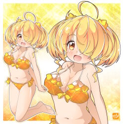 1girl ahoge bikini breasts cleavage frilled_bikini frills full_body hair_over_one_eye happy_birthday highres kneeling large_breasts multiple_views orange_bikini orange_eyes original side-tie_bikini_bottom smile swimsuit takecho twintails upper_body yellow_background