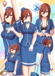 1girl absurdres arms_up ass atorie black_bra blue_eyes blue_hat blue_scarf blue_skirt bra breasts brown_hair cleavage closed_mouth flight_attendant food gloves go-toubun_no_hanayome hat highres holding holding_tray large_breasts long_hair looking_at_viewer multiple_views nakano_miku pencil_skirt rolling_suitcase scarf short_sleeves skirt suitcase travel_attendant tray underwear white_gloves