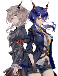 2girls absurdres arknights armband black_dress blue_hair blue_jacket breasts brown_eyes ch&#039;en_(arknights) commentary_request cowboy_shot dragon_horns dress frilled_sleeves frills grey_shorts hair_between_eyes hair_intakes highres horns jacket juliet_sleeves karashino long_hair long_sleeves looking_at_viewer low_twintails medium_breasts multiple_girls necktie open_clothes open_jacket puffy_sleeves red_eyes reunion_logo_(arknights) shirt short_hair shorts siblings silver_hair simple_background sisters standing talulah_(arknights) twintails white_background white_shirt yellow_neckwear