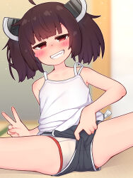 1girl ahoge blush_stickers brown_hair camisole clothing_aside dolphin_shorts grin highres loli looking_at_viewer medium_hair miriota panties red_eyes shorts shorts_aside sitting smile solo spread_legs touhoku_kiritan twintails underwear v voiceroid