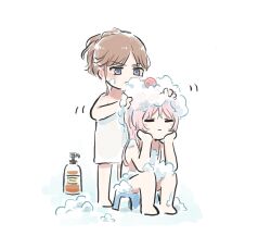 2girls bang_dream! bang_dream!_it&#039;s_mygo!!!!! blush chihaya_anon closed_eyes closed_mouth commentary_request foam half_updo highres long_hair lyy multiple_girls nagasaki_soyo naked_towel pink_hair simple_background sitting towel washing_another washing_hair white_background