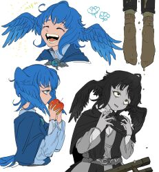 1girl ^_^ apple bird_wings black_capelet black_eyes black_hair blue_capelet blue_dress blue_eyes blue_gemstone blue_hair brooch brown_socks capelet closed_eyes collared_dress colored_skin crapping_self cropped_torso death despair dirty dress dripping elpis_flower feathered_wings final_fantasy final_fantasy_xiv flower food fruit gem glaa_da grey_skin hands_up hanged head_wings highres holding holding_food holding_fruit jewelry meteion multiple_views open_mouth out_of_frame short_hair simple_background smile socks suicide tearing_up tears upper_body white_background wide-eyed wings