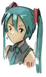 1girl aqua_eyes aqua_hair aqua_necktie cropped_torso hatsune_miku kornod long_hair looking_at_viewer necktie portrait sleeveless solo twintails very_long_hair voiceroid white_background