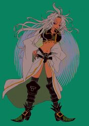 Rule 34 | 1boy, black boots, black jacket, black nails, boots, codpiece, cropped jacket, curtained hair, dissidia final fantasy, film grain, final fantasy, final fantasy ix, floating hair, green background, grey hair, hands on own hips, highres, jacket, kuja, long hair, male focus, midriff, navel, nayo (kr 000515), parted bangs, purple eyes, raised eyebrows, shirt, showgirl skirt, skirt, solo, thigh boots, trap, white shirt, wide sleeves