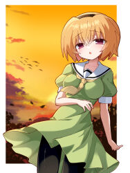 1girl 3105lave alternate_breast_size black_hairband black_pantyhose blonde_hair border breasts cowboy_shot dress dutch_angle evening falling_leaves green_dress hair_between_eyes hairband hand_on_own_stomach highres higurashi_no_naku_koro_ni houjou_satoko impossible_clothes leaf looking_at_viewer medium_breasts necktie no_nose open_mouth outdoors pantyhose pink_eyes sailor_collar sailor_dress school_uniform short_hair short_sleeves solo sunset white_border white_sailor_collar yellow_necktie