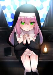 1girl absurdres bench black_dress black_veil blush book breasts breasts_out candle dress foreshortening from_above garter_belt garter_straps green_eyes highres kyawa_ii loli long_hair looking_at_viewer looking_up navel nipples nun open_clothes open_dress original own_hands_together panties pink_hair praying sitting small_breasts solo stained_glass thighhighs thighs underwear veil white_garter_belt white_garter_straps white_panties white_thighhighs window