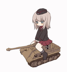 Rule 34 | black hat, black jacket, blue eyes, chibi, garrison cap, girls und panzer, grey hair, hat, highres, itsumi erika, jacket, kuromorimine military uniform, long hair, military, military vehicle, motor vehicle, panther (tank), red skirt, ri (qrcode), riding, simple background, skirt, solo, tank, white background