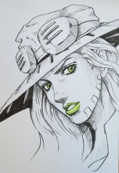 1boy absurdres goggles goggles_on_headwear green_eyes green_lips greyscale gyro_zeppeli hat highres jojo_no_kimyou_na_bouken kaib0y long_hair male_focus monochrome solo spot_color steel_ball_run traditional_media