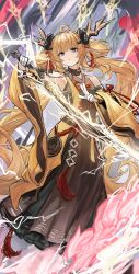 1girl absurdres ahoge arknights bare_shoulders black_dress blonde_hair detached_sleeves dress gloves highres holding holding_sword holding_weapon horns laoshi_wo_hao_e leizi_the_thunderbringer_(arknights) long_hair looking_at_viewer purple_eyes solo sword twintails very_long_hair weapon white_gloves yellow_sleeves