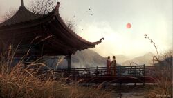 Rule 34 | 2girls, architecture, artist name, bare tree, blue robe, bow-shaped hair, bridge, brown hair, chinese clothes, closed eyes, cloud, cloudy sky, commentary, east asian architecture, english commentary, hair bun, hand on railing, hand up, hanfu, long sleeves, mountainous horizon, multiple girls, original, outdoors, red lips, red robe, robe, short hair, single hair bun, sky, smile, sun, sunrise, traditional clothes, tree, wheat, wide shot, yellow sky, zijing gao