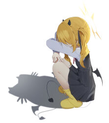 1girl absurdres blonde_hair blue_archive cat_shadow_puppet_(meme) demon_tail hair_ornament halo highres ibuki_(blue_archive) long_hair meme shadow shirt shoes syuerito_99 tail white_shirt yellow_halo yellow_shoes