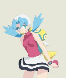 1girl blue_hair breasts collarbone commentary_request dunsparce flipped_hair gen_2_pokemon green_eyes haloh hat highres holding holding_poke_ball kris_(pokemon) long_hair looking_at_viewer nintendo open_mouth poke_ball poke_ball_(basic) pokemon pokemon_(creature) pokemon_gsc pokemon_on_back shirt simple_background skirt sleeveless sleeveless_shirt smile twintails white_skirt