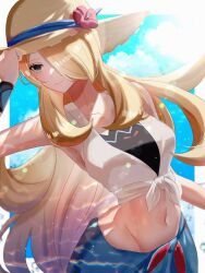 Rule 34 | 1girl, arm up, bikini, bikini under clothes, blonde hair, blue sarong, blue sky, border, breasts, closed mouth, cloud, crop top, cynthia (pokemon), cynthia (summer 2025) (pokemon), day, flower, grey eyes, hair over one eye, hat, hat flower, highres, long hair, medium breasts, navel, nintendo, outdoors, pokemon, pokemon masters ex, red flower, sarong, shirt, sky, smile, solo, stomach, sun hat, sunlight, swimsuit, tied shirt, tyotto22, very long hair, white border
