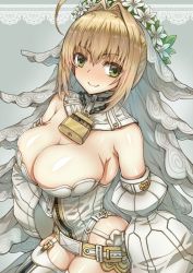 1girl ahoge arinotowatari blonde_hair breasts bridal_veil chain chain_necklace cleavage corset cowboy_shot detached_collar detached_sleeves fate/grand_order fate_(series) from_above garter_straps green_eyes hair_intakes jewelry large_breasts leotard lock necklace nero_claudius_(bride) nero_claudius_(bride)_(fate) nero_claudius_(bride)_(second_ascension)_(fate) nero_claudius_(fate) padlock veil white_legwear