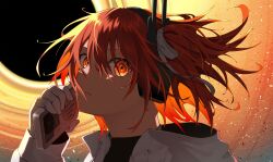 Rule 34 | 1girl, a.i. voice, absurdres, adachi rei, black hole, black shirt, cassette player, closed mouth, floating hair, gloves, gomimusi go go, hair between eyes, hair ribbon, hand up, headphones, highres, jacket, looking at viewer, netsu ijou (utau), orange background, orange hair, portrait, radio antenna, ribbon, shirt, side ponytail, solo, utau, white gloves, white jacket, white ribbon