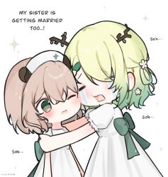 2girls animal_ears artist_name back_bow bare_arms blush bow brown_hair ceres_fauna chibi chibi_only commentary crying dress english_commentary english_text flower green_bow green_eyes hair_between_eyes hair_flower hair_ornament happy_tears hat highres hololive hololive_english hug indie_virtual_youtuber multiple_girls nimi_nightmare nurse_cap one_eye_closed puffy_short_sleeves puffy_sleeves rinrihime short_hair short_sleeves simple_background sparkle streaming_tears tapir_ears tears virtual_youtuber voice_actor_connection white_background white_dress wince