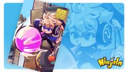 1boy apartment aqua_background black_pants black_shirt blonde_hair blowing_bubble_gum blue-framed_eyewear blue_coat blue_eyes blue_pupils blue_sky blue_sleeves border building burton_(ninjala) card character_background chewing_gum child city coat commentary copyright_name copyright_notice english_commentary english_text fluffy_hair gameplay_mechanics graffiti gungho hammer headphones holding holding_hammer legs_apart logo long_sleeves ninjala official_art orange_shoes outdoors outline pants projected_inset purple_outline rianti-wong second-party_source semi-rimless_eyewear shirt shoes short_hair shuriken sk8_hammer_(ninjala) sky sneakers solo two-sided_sleeves v-shaped_eyebrows weapon white_border window