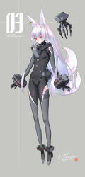 1girl ahoge animal_ear_fluff animal_ears ankle_cuffs black_bodysuit bodysuit breasts commission covered_navel cuffs drone empty_eyes full_body grey_background grey_bodysuit highres long_hair multiple_tails original plantar_flexion red_eyes science_fiction signature skeb_commission small_breasts solo tail two-tone_bodysuit very_long_hair white_hair zenmaibook