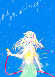 1girl 2024 :d absurdres aircraft airplane aqua_eyes back_ribbon blonde_streaks blue_background camisole colored_eyelashes commentary_request cowboy_shot green_skirt highres holding holding_hose hose jacket looking_at_viewer looking_back masking_tape_(medium) midriff mixed_media multicolored_hair open_mouth original pink_streaks ryono see-through_clothes see-through_jacket shochuumimai sidelocks sideways_glance signature skirt smile solo streaked_hair traditional_media translation_request twitter_username unconventional_media white_hair yellow_camisole