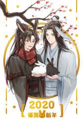 Rule 34 | 2boys, animal, animal ears, bishounen, black hair, black hanfu, blush, branch, chinese clothes, chinese new year, closed mouth, flower, grey eyes, hair ribbon, hanfu, happy new year, headband, height difference, holding, holding animal, kemonomimi mode, korean commentary, lan wangji, long hair, long sleeves, looking at animal, magamhani, male focus, modao zushi, multiple boys, new year, open mouth, plum blossoms, ponytail, rabbit, rabbit boy, rabbit ears, red flower, red ribbon, red scarf, ribbon, scarf, sidelocks, sleeves past wrists, smile, star (symbol), teeth, topknot, upper body, upper teeth only, wei wuxian, white background, white hanfu, white headband, wide sleeves, winter clothes, xiao guan (headdress), yaoi, yellow eyes