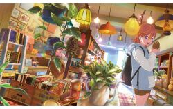 1girl artbook backpack bag book bookshelf box brown_shorts coffee_mug cup food hat highres holding hood hood_down hoodie indoors lamp light_bulb loaded_interior looking_at_viewer love_live! love_live!_superstar!! mug non-web_source open_mouth orange_hair plant potted_plant purple_eyes shelf shibuya_kanon shorts smile solo