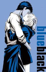 2boys aomine_daiki arms_around_waist blue_background blue_hair blue_jacket blue_skin blue_theme closed_eyes clothes_around_waist colored_skin cowboy_shot english_text eyelashes hand_on_another&#039;s_head hood hood_down hooded_jacket hug jacket jacket_around_waist kain_(scoop_channel) kiss kuroko_no_basuke kuroko_tetsuya long_sleeves multiple_boys pants pointy_nose shirt short_hair simple_background standing yaoi