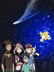 1girl 3boys :o aoaomzir ash_ketchum bandana black-framed_eyewear black_hair brock_(pokemon) brother_and_sister brown_hair brown_jacket closed_eyes comet commentary_request gen_1_pokemon gen_3_pokemon glasses gloves green_shirt hat highres jacket jirachi legendary_pokemon max_(pokemon) may_(pokemon) multiple_boys musical_note mythical_pokemon night nintendo outdoors pants pikachu pokemon pokemon:_jirachi:_wish_maker pokemon_(anime) pokemon_rse_(anime) red_bandana red_shirt shirt short_hair short_sleeves siblings skirt sky spiked_hair white_skirt