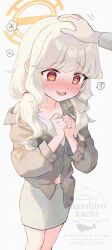 1girl 1other @_@ aoba_(blue_archive) blue_archive blush camisole grey_jacket grey_skirt halo hand_on_another&#039;s_head highres jacket long_sleeves masshirokachi miniskirt navel nose_blush open_mouth own_hands_together pencil_skirt red_eyes simple_background skirt solo_focus white_background white_camisole yellow_halo