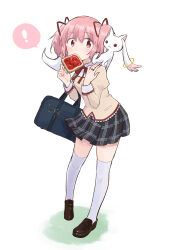 ! 1girl absurdres bag black_skirt blue_bag bread bread_slice brown_shoes collared_shirt creature creature_on_shoulder dot_nose food food_in_mouth full_body hair_between_eyes hair_ribbon hand_on_own_shoulder high_collar highres jam jewelry juliet_sleeves kaname_madoka kyubey lace lace-trimmed_shirt lace-trimmed_sleeves lace_trim light_blush long_sleeves looking_at_another mahou_shoujo_madoka_magica mahou_shoujo_madoka_magica_(anime) miniskirt mitakihara_school_uniform mouth_hold on_shoulder pink_eyes pink_hair plaid_clothes plaid_skirt pleated_skirt pocket puffy_sleeves red_ribbon ribbon ring school_bag school_uniform shirt shoes short_hair short_twintails simple_background skirt spoken_exclamation_mark standing surprised tareme thighhighs toast toast_in_mouth twintails ultimate_magnum uwabaki white_background white_sleeve_cuffs white_thighhighs wide-eyed yellow_shirt
