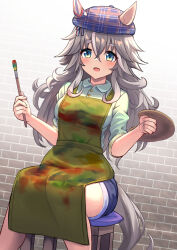 1girl animal_ears apron breasts casual grey_hair hair_between_eyes hair_ornament hat highres holding horse_girl looking_at_viewer paintbrush sitting small_breasts solo thick_eyebrows umamusume wonder_acute_(umamusume) yuutopia
