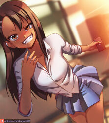 1girl artist_name blue_skirt blurry blurry_background breasts brown_eyes brown_hair cellphone classroom collared_shirt commentary cowboy_shot earclip english_commentary grin holding holding_phone ijiranaide_nagatoro-san indoors kagato007 leaning_forward long_hair looking_at_viewer nagatoro_hayase patreon_logo patreon_username phone pleated_skirt school_uniform shirt skirt small_breasts smartphone smile solo watermark web_address white_shirt