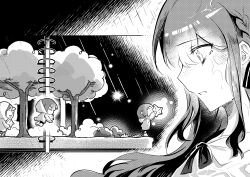 &gt;_&lt; 2girls absurdres afterimage arcgi4 arms_up bang_dream! bang_dream!_it&#039;s_mygo!!!!! bow bowtie bush chibi collared_shirt commentary crying crying_with_eyes_open glowing grass greyscale hair_between_eyes hair_ribbon halftone hatching_(texture) highres holding holding_star hood hood_down hood_up jumping linear_hatching long_hair looking_at_another monochrome multiple_girls open_mouth rain raincoat reaching reaching_towards_another ribbon shirt shoes shooting_star short_hair shorts sidelocks size_difference sketchbook solid_oval_eyes star_(symbol) streaming_tears symbol-only_commentary takamatsu_tomori tears through_medium through_page togawa_sakiko tree wire_binding