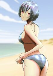 Rule 34 | 1girl, adjusting clothes, adjusting swimsuit, ayanami rei, beach, bikini, blurry, blurry background, day, from behind, halterneck, highres, looking at viewer, looking back, neon genesis evangelion, outdoors, red eyes, short hair, side-tie bikini bottom, sky, solo, standing, swimsuit, tanuuuuu3