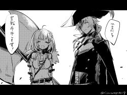1boy 1girl :d ^_^ absurdres ahoge axe belt belt_buckle bicorne breasts buckle cloak closed_eyes crop_top double-sided_axe flower greyscale hair_between_eyes hair_flower hair_ornament hat highres honma_himawari huge_weapon jacket kanae_(nijisanji) letterboxed medium_breasts midriff monochrome navel nijisanji ninahachi open_mouth simple_background smile sunflower sunflower_hair_ornament translation_request twitter_username virtual_youtuber weapon white_background