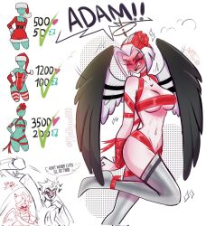 Rule 34 | 1girl, ahoge, bare shoulders, black wings, blush, bound, bound wrists, breasts, english text, fang, feathered wings, hazbin hotel, heart, high heels, highres, large breasts, lute (hazbin hotel), naked ribbon, nattycat, navel, red ribbon, ribbon, short hair, solo focus, wings