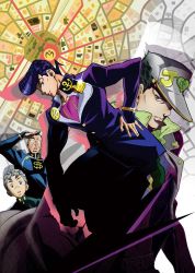 Rule 34 | 4boys, diamond is not crash, hat, higashikata josuke, highres, hirose koichi, jojo no kimyou na bouken, kuujou joutarou, lens flare, looking at viewer, male focus, map, multiple boys, nijimura okuyasu, official art, pompadour