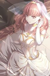 1girl alternate_costume breasts bridal_veil bride carpet celica_(fire_emblem) choker cleavage dress elbow_gloves fire_emblem fire_emblem_echoes:_shadows_of_valentia gloves jewelry long_hair medium_breasts necklace nintendo orange_eyes orange_hair pew princess red_eyes red_hair saikuu solo tiara veil wedding wedding_dress white_dress white_gloves