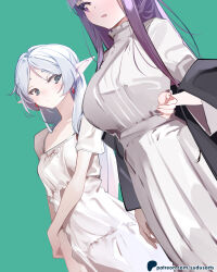2girls artist_name blush breasts crossed_arms cut_bangs dress earrings elf fern_(sousou_no_frieren) floating_earrings frieren green_eyes grey_hair jealous jewelry large_breasts light_blush long_bangs looking_at_another looking_at_breasts multiple_girls nightgown patreon_username pointy_ears purple_eyes purple_hair simple_background small_breasts sousou_no_frieren sydus white_dress