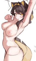 1girl absurdres arm_up armpits ass blonde_hair blush breasts brown_hair cleavage completely_nude cowboy_shot eel_girl highres idol_corp juna_unagi large_breasts looking_at_viewer medium_hair multicolored_hair naokomama nipples nude open_mouth simple_background sketch solo streaked_hair tail virtual_youtuber white_background yellow_eyes