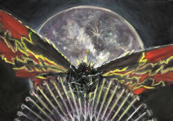 Rule 34 | absurdres, amusement park, battra, bug, butterfly, cosmo clock 21, ferris wheel, full moon, g.n.a, giant, giant monster, godzilla (series), godzilla vs. mothra, highres, insect, kaiju, looking at viewer, looking down, monster, moon, moth, night, no humans, real world location, sky, toho, wings, yokohama, yokohama cosmo world