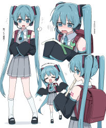 Rule 34 | 1girl, :d, ?, absurdres, aged down, alternate costume, aqua eyes, aqua hair, aqua necktie, backpack, bag, belt, black belt, black footwear, black sleeves, blush, channel (caststation), chibi, chibi inset, closed eyes, collared shirt, crime prevention buzzer, crying, dancing, detached sleeves, dress, flute, grey dress, hair ornament, hatsune miku, headphones, headset, highres, holding, holding flute, holding instrument, instrument, kneehighs, kyoufuu all back (vocaloid), long hair, long sleeves, looking at food, looking at viewer, mary janes, multiple views, music, necktie, number tattoo, open mouth, playing instrument, pleated dress, randoseru, recorder, red bag, school uniform, shirt, shoes, shoulder tattoo, shukusei!! loli-kami requiem, sleeveless, sleeveless shirt, sleeves past fingers, sleeves past wrists, smile, socks, spoken question mark, spring onion, streaming tears, striped clothes, striped socks, tattoo, tears, translated, twintails, vocaloid, white shirt, white socks